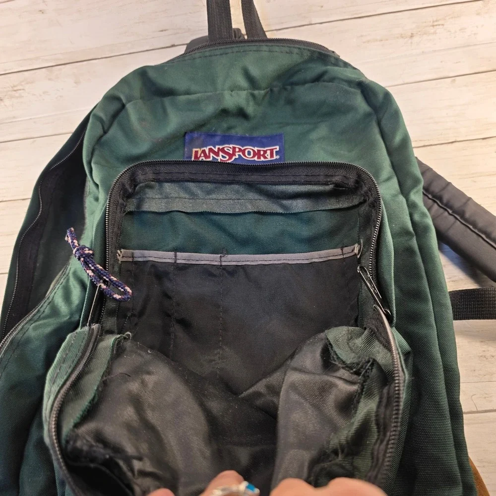 VTG 90's JanSport Backpack Forest Green Canvas Suede Leather Bottom Mesh Pocket